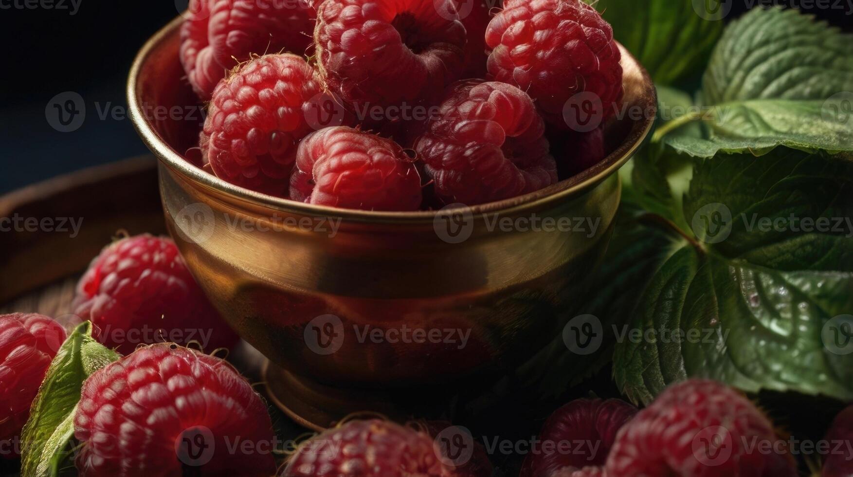 raspberries on a wooden table with leaves photo