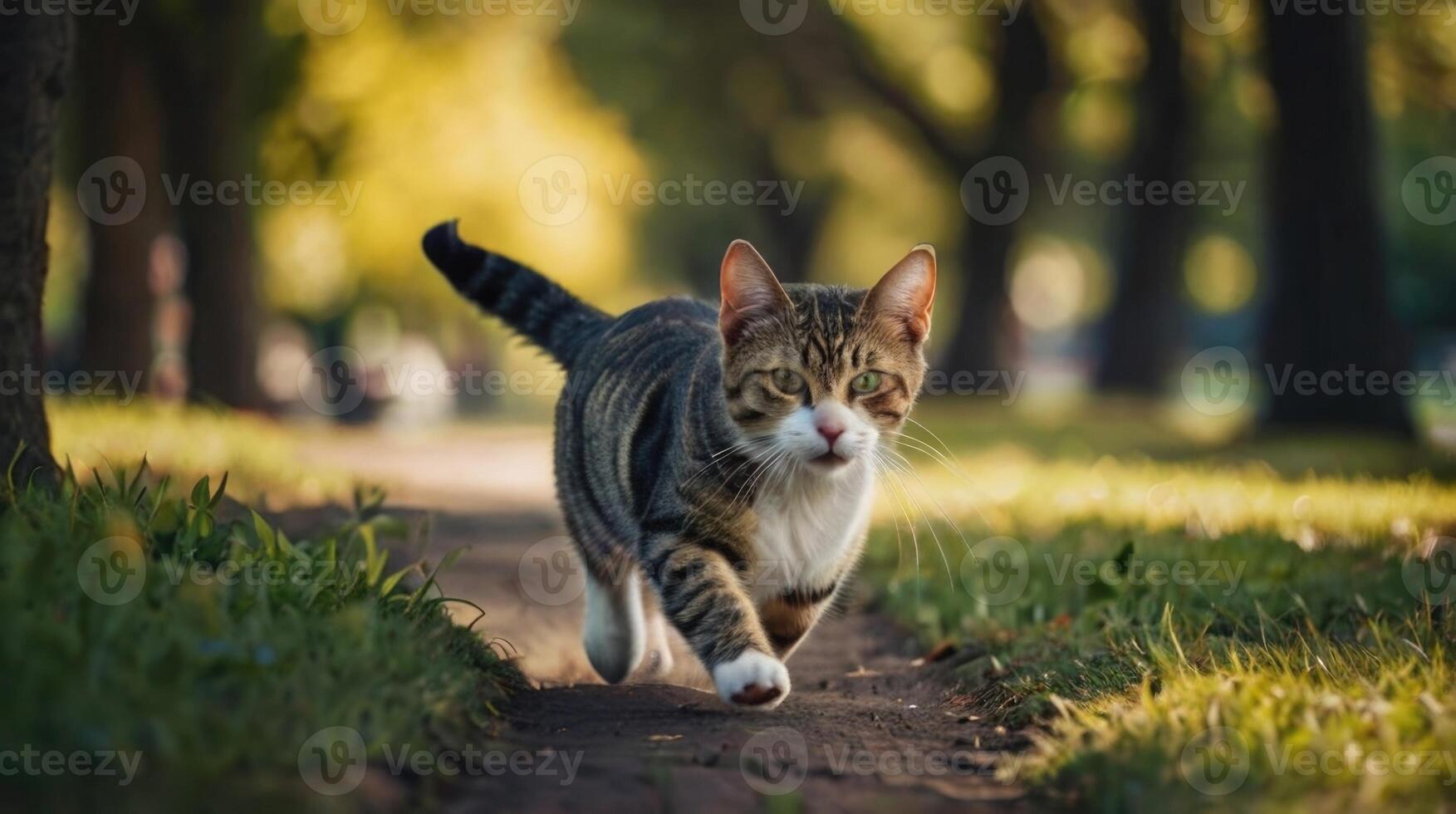 a cat running on a path in the grass photo