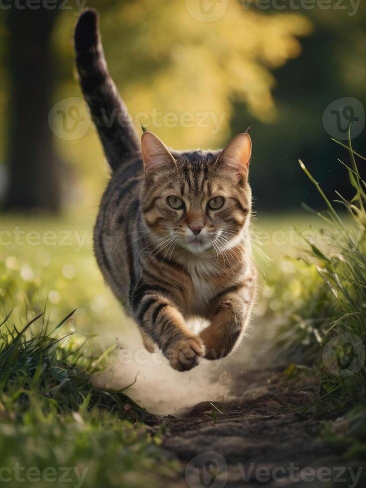 a cat running on a path in the grass photo