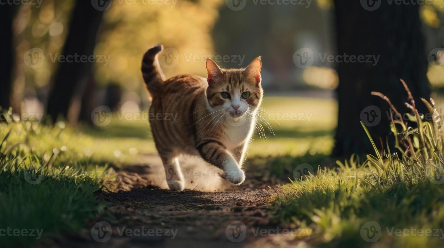 a cat running on a path in the grass photo