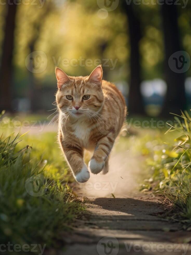 a cat running on a path in the grass photo