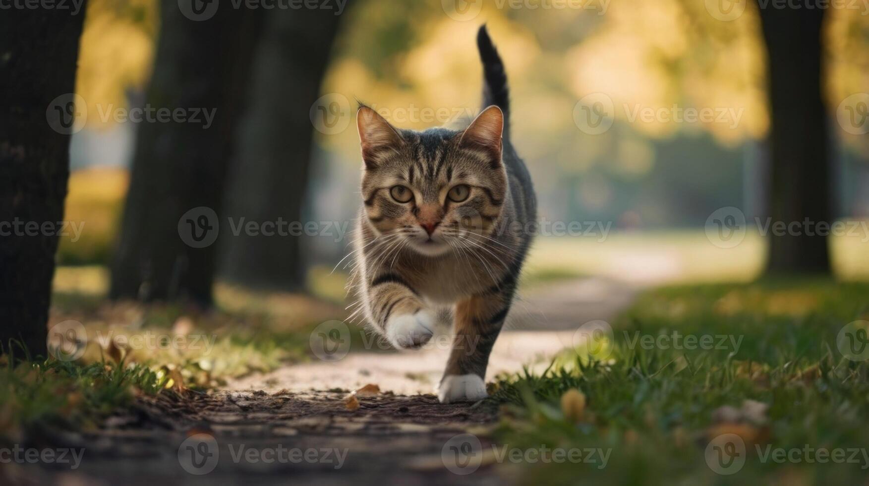 a cat running on a path in the grass photo