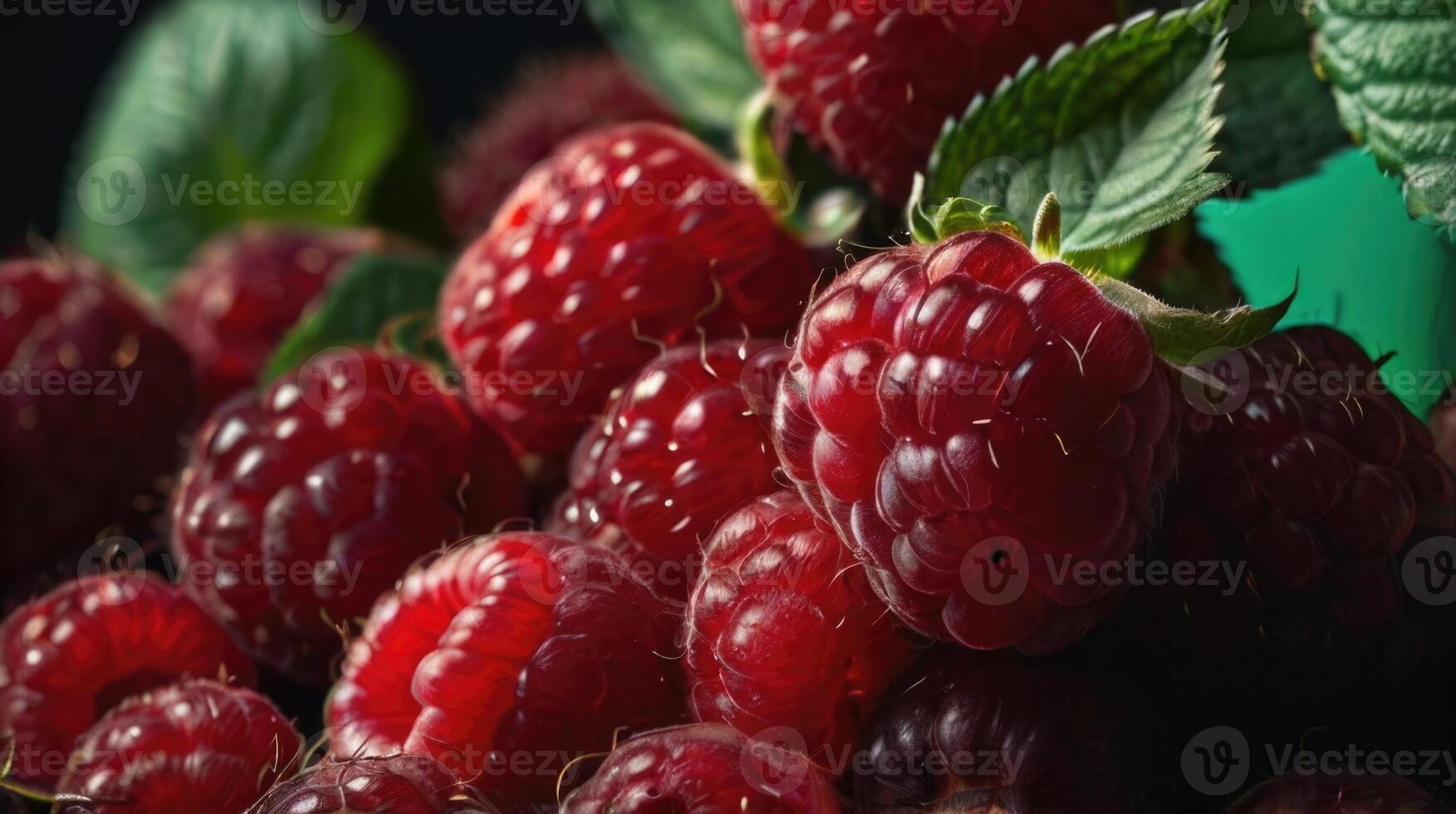 raspberries on a wooden table with leaves photo