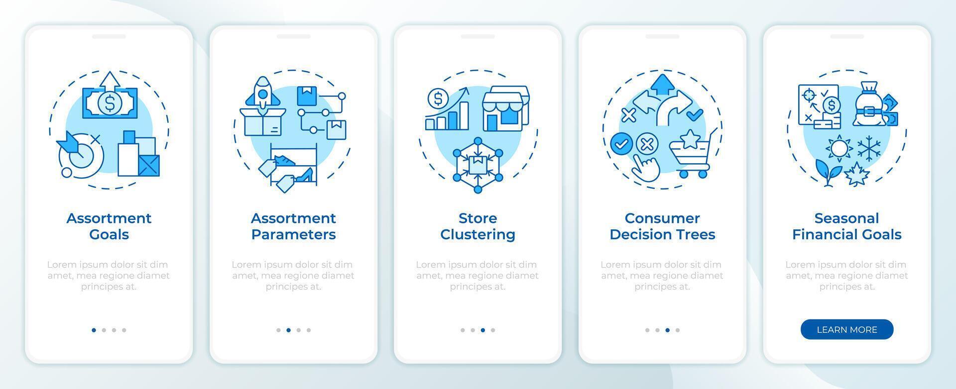 Assortment planning tools blue onboarding mobile app screen. Walkthrough 5 steps editable graphic instructions with linear concepts. UI, UX, GUI template vector