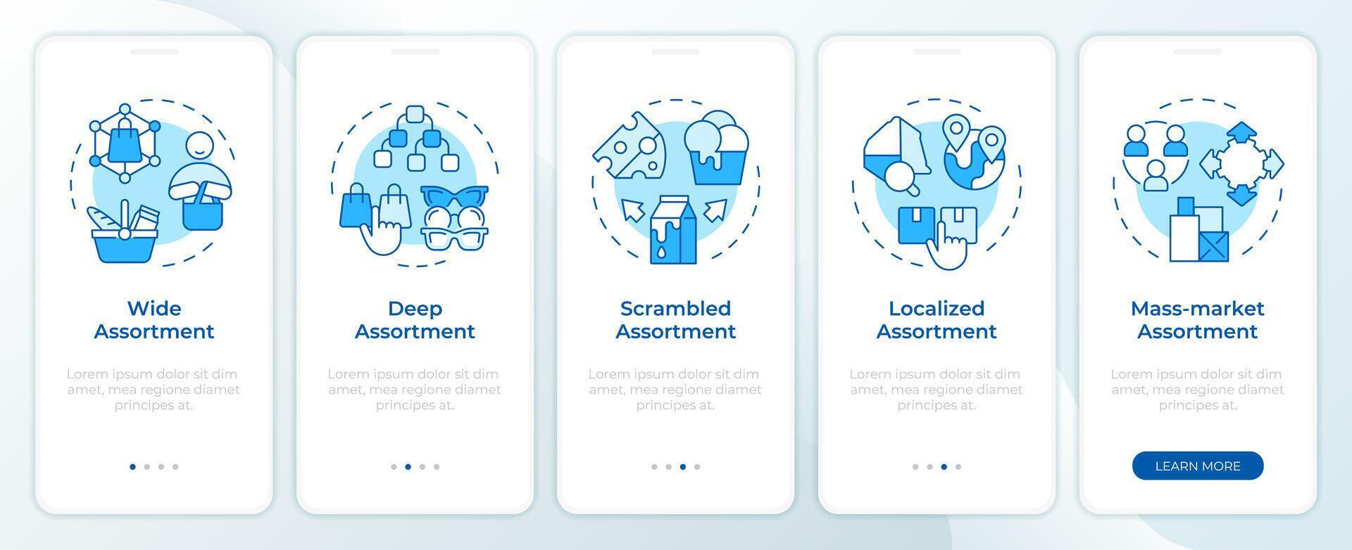 Assortment planning models blue onboarding mobile app screen. Walkthrough 5 steps editable graphic instructions with linear concepts. UI, UX, GUI template vector