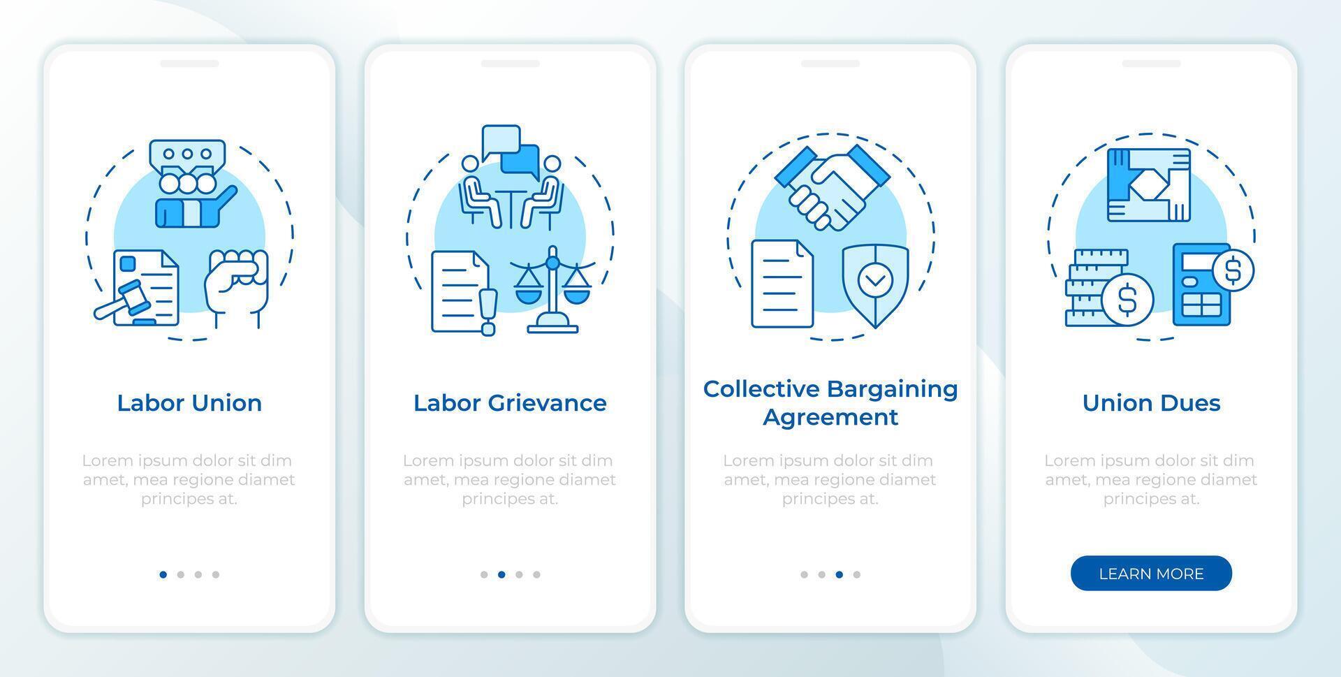 Workflow key relations concepts blue onboarding mobile app screen. Walkthrough 4 steps editable graphic instructions with linear concepts. UI, UX, GUI template vector
