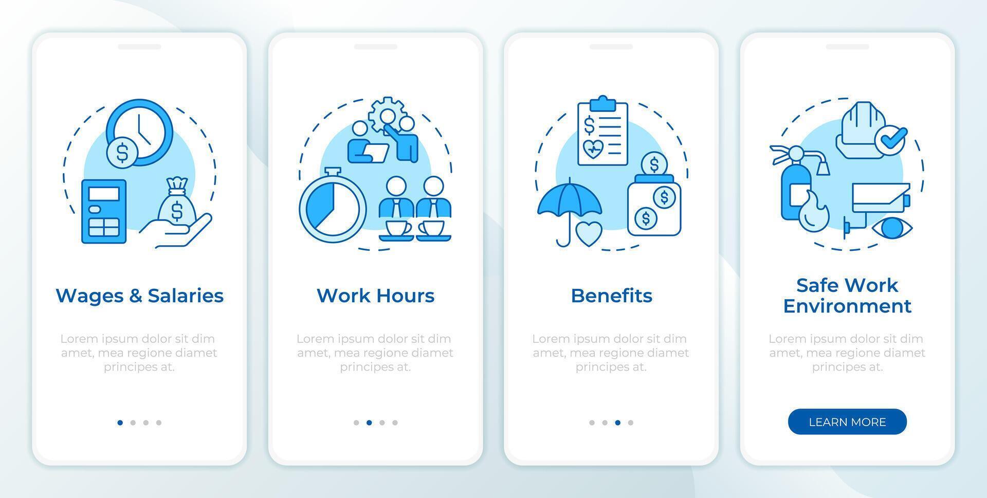 Employee workflow organization blue onboarding mobile app screen. Walkthrough 4 steps editable graphic instructions with linear concepts. UI, UX, GUI template vector