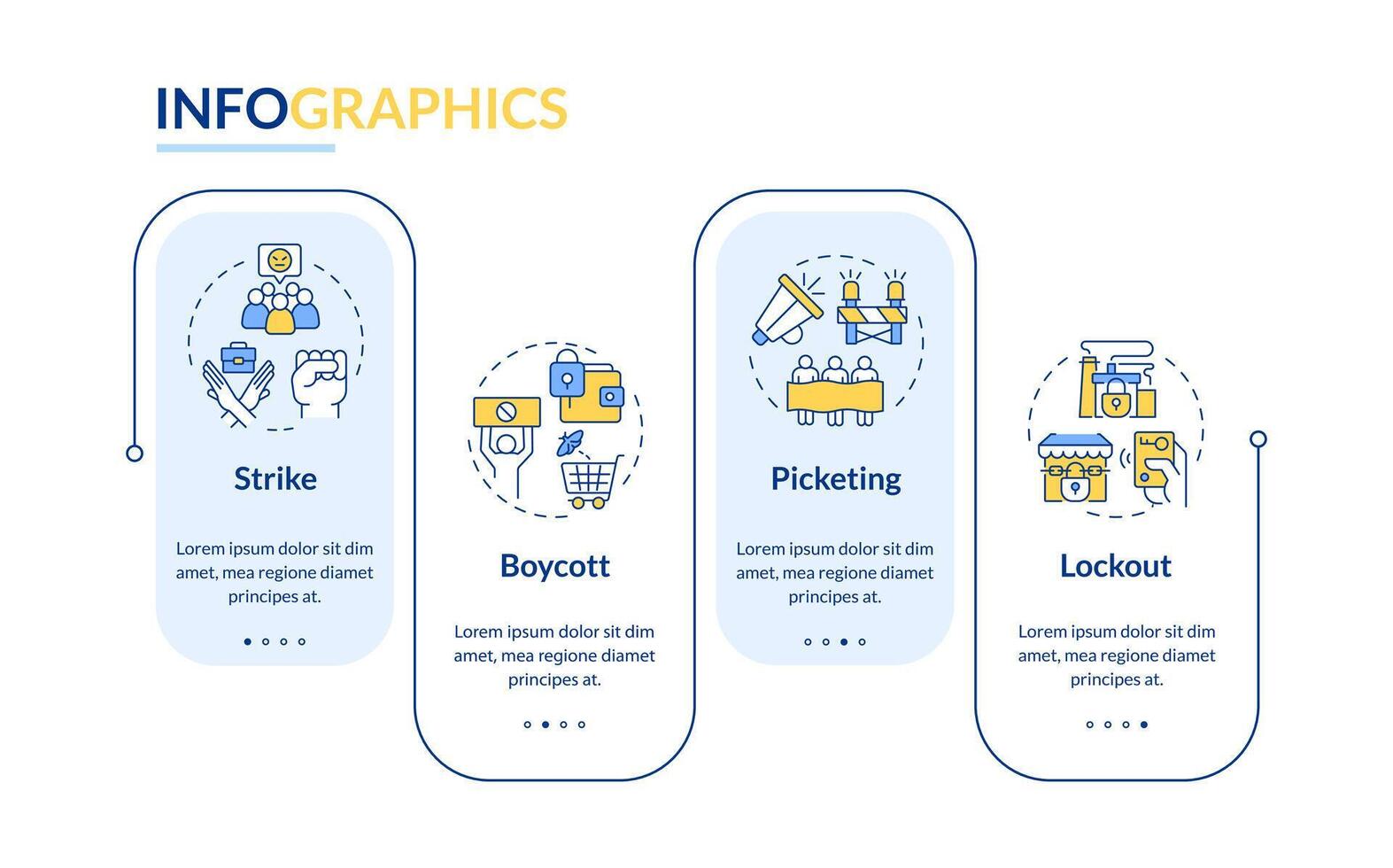 Workers union protest tactics rectangle infographic template. Data visualization with 4 steps. Editable timeline info chart. Workflow layout with line icons vector