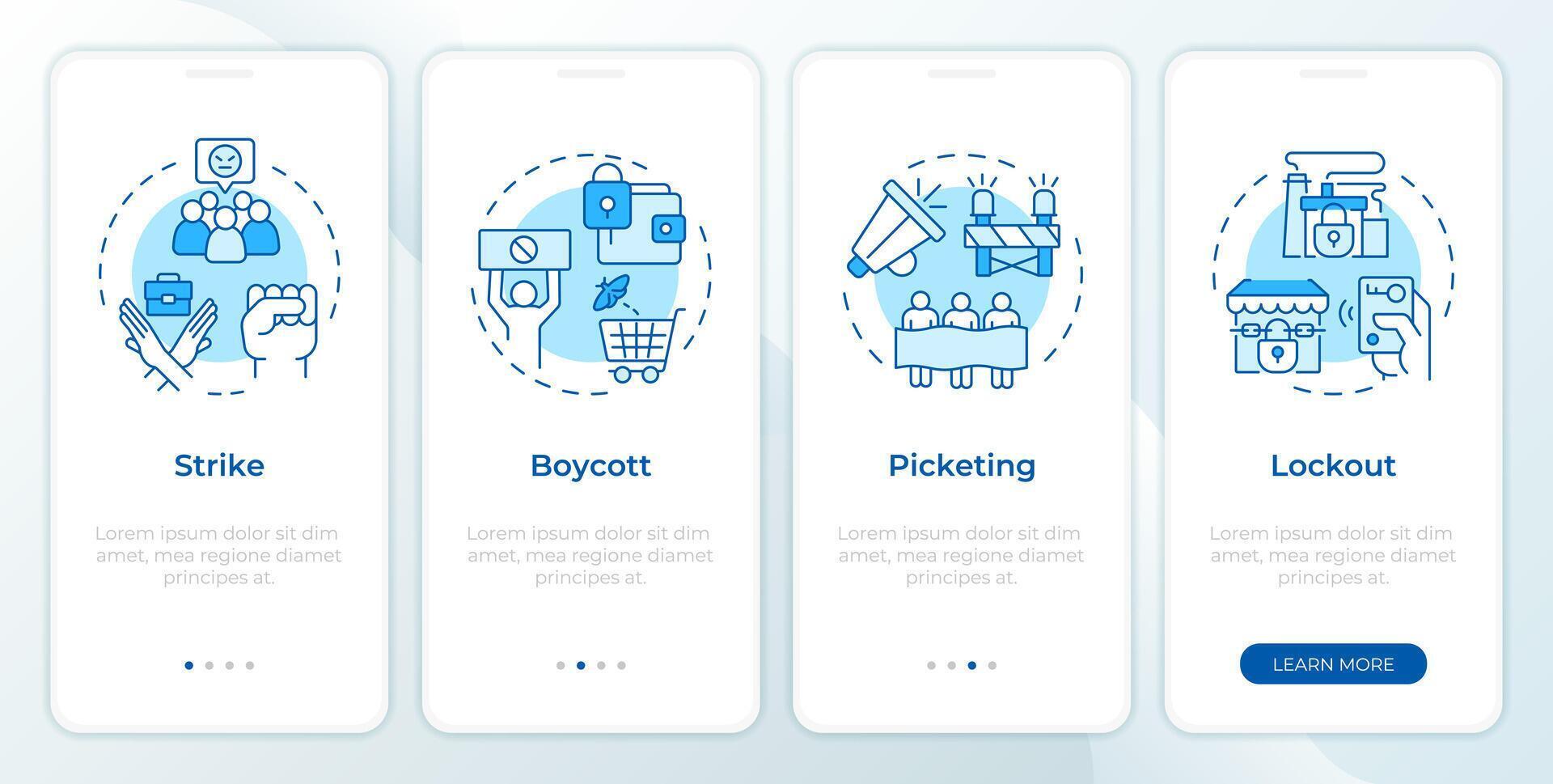 Workers union strike tactics blue onboarding mobile app screen. Walkthrough 4 steps editable graphic instructions with linear concepts. UI, UX, GUI template vector