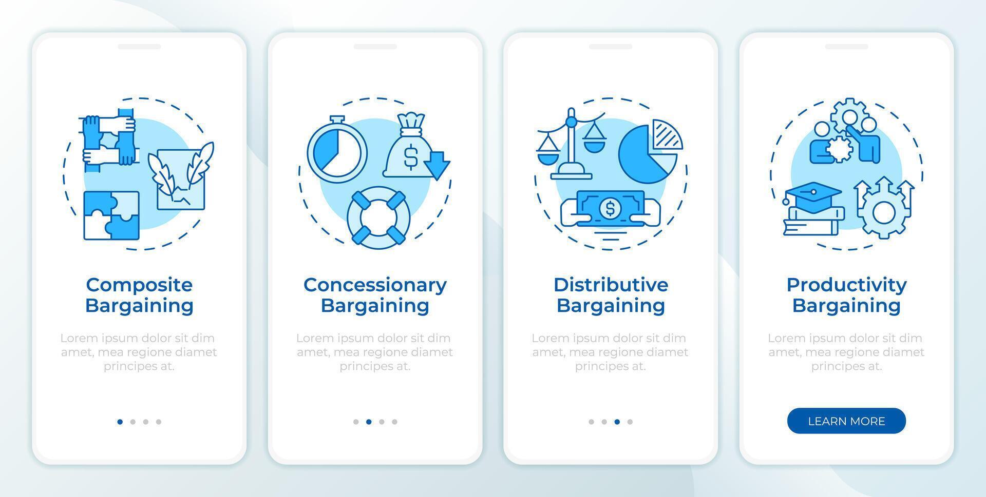 Bargaining tactics examples blue onboarding mobile app screen. Walkthrough 4 steps editable graphic instructions with linear concepts. UI, UX, GUI template vector