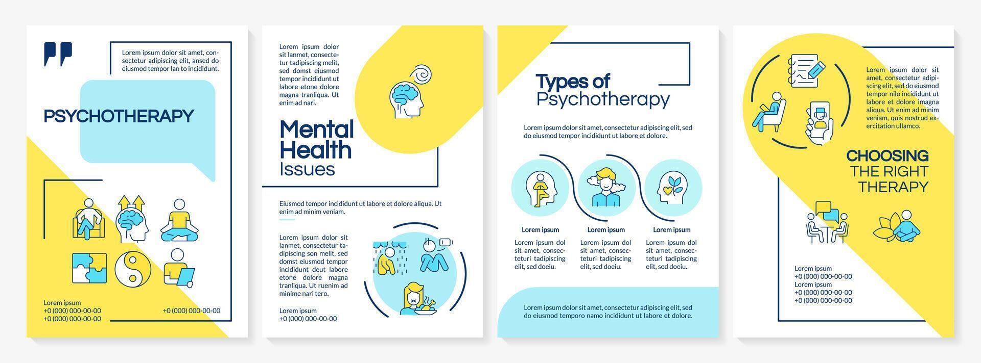 Types of psychotherapy blue and yellow brochure template. Leaflet design with linear icons. Editable 4 layouts for presentation, annual reports vector