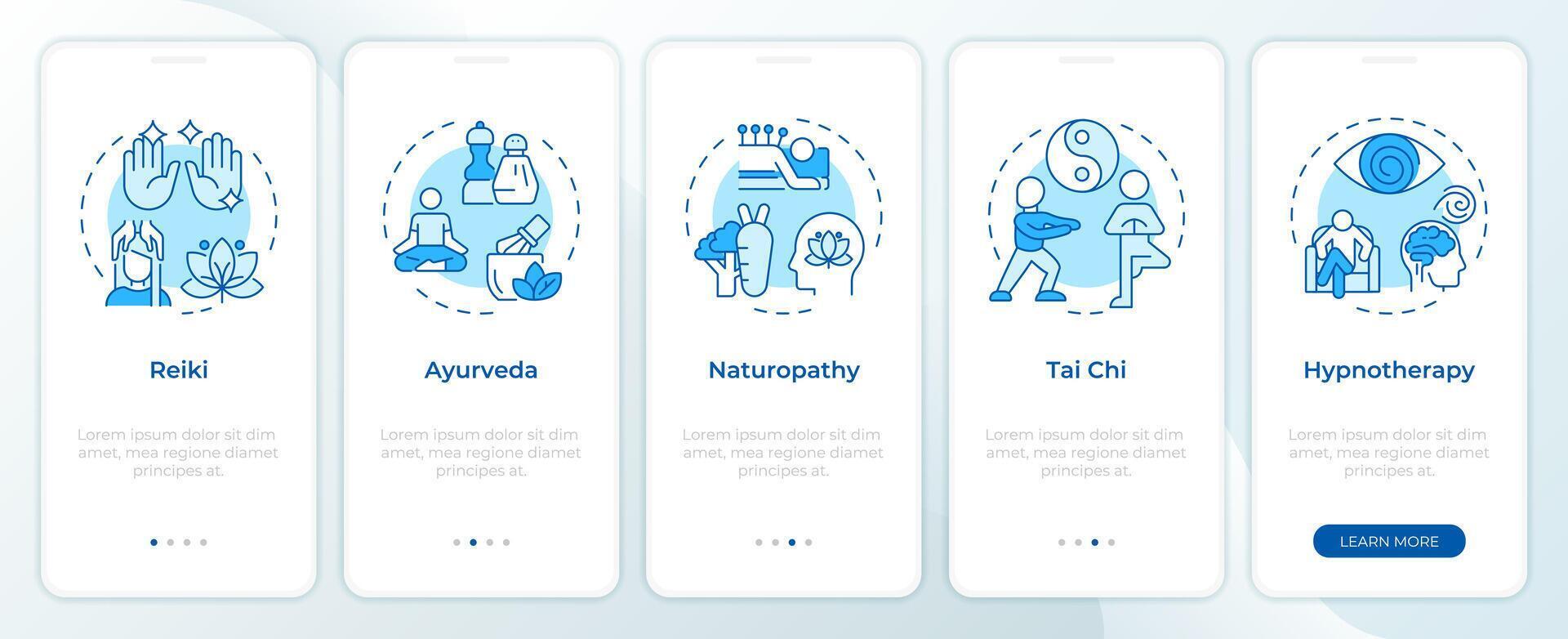 Alternative therapy types blue onboarding mobile app screen. Walkthrough 5 steps editable graphic instructions with linear concepts. UI, UX, GUI template vector