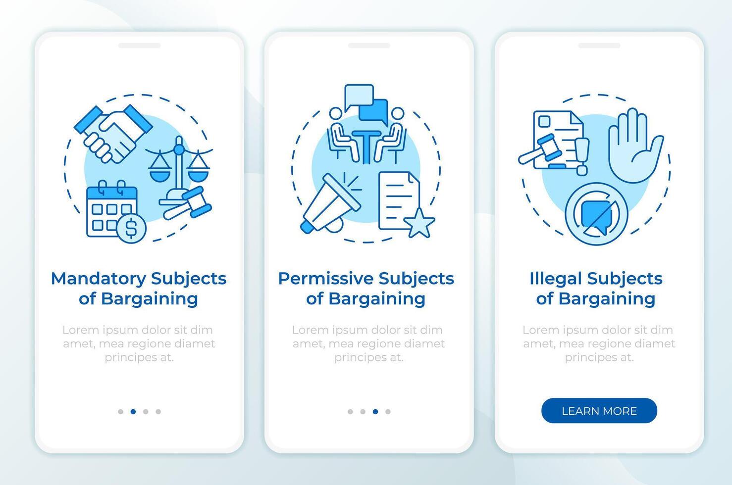Types of bargaining subjects blue onboarding mobile app screen. Walkthrough 3 steps editable graphic instructions with linear concepts. UI, UX, GUI template vector