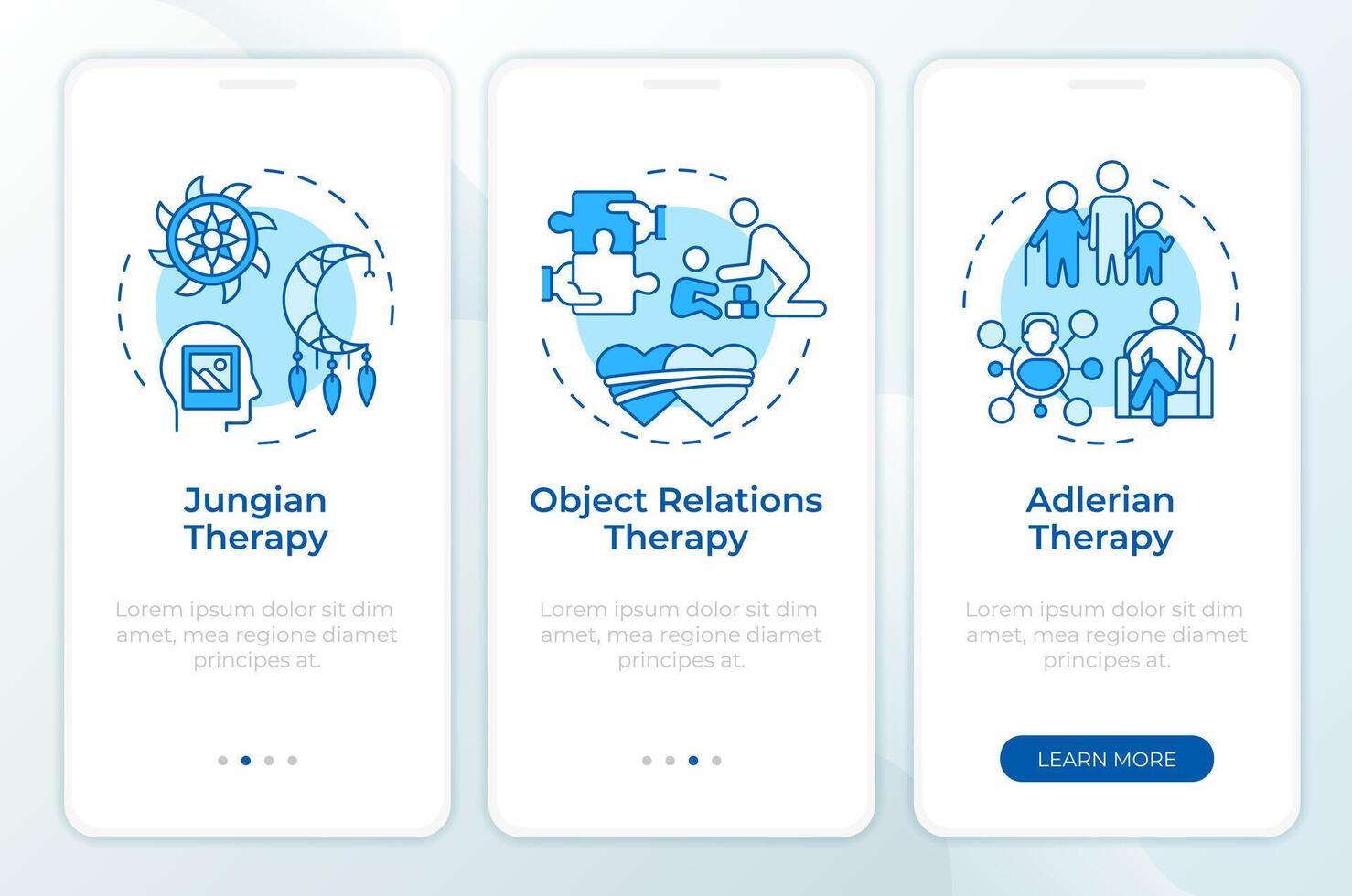 Psychodynamic therapy types blue onboarding mobile app screen. Walkthrough 3 steps editable graphic instructions with linear concepts. UI, UX, GUI template vector