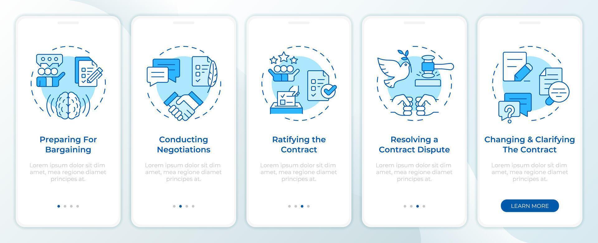 Collective bargaining workflow blue onboarding mobile app screen. Walkthrough 5 steps editable graphic instructions with linear concepts. UI, UX, GUI template vector