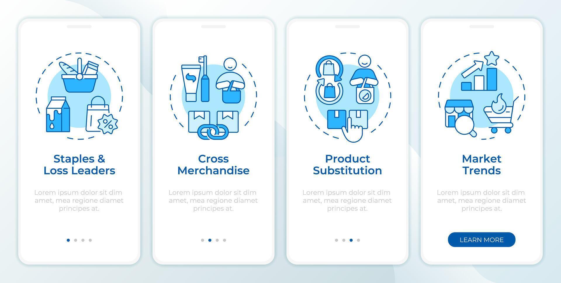 Product assortment optimization blue onboarding mobile app screen. Walkthrough 4 steps editable graphic instructions with linear concepts. UI, UX, GUI template vector