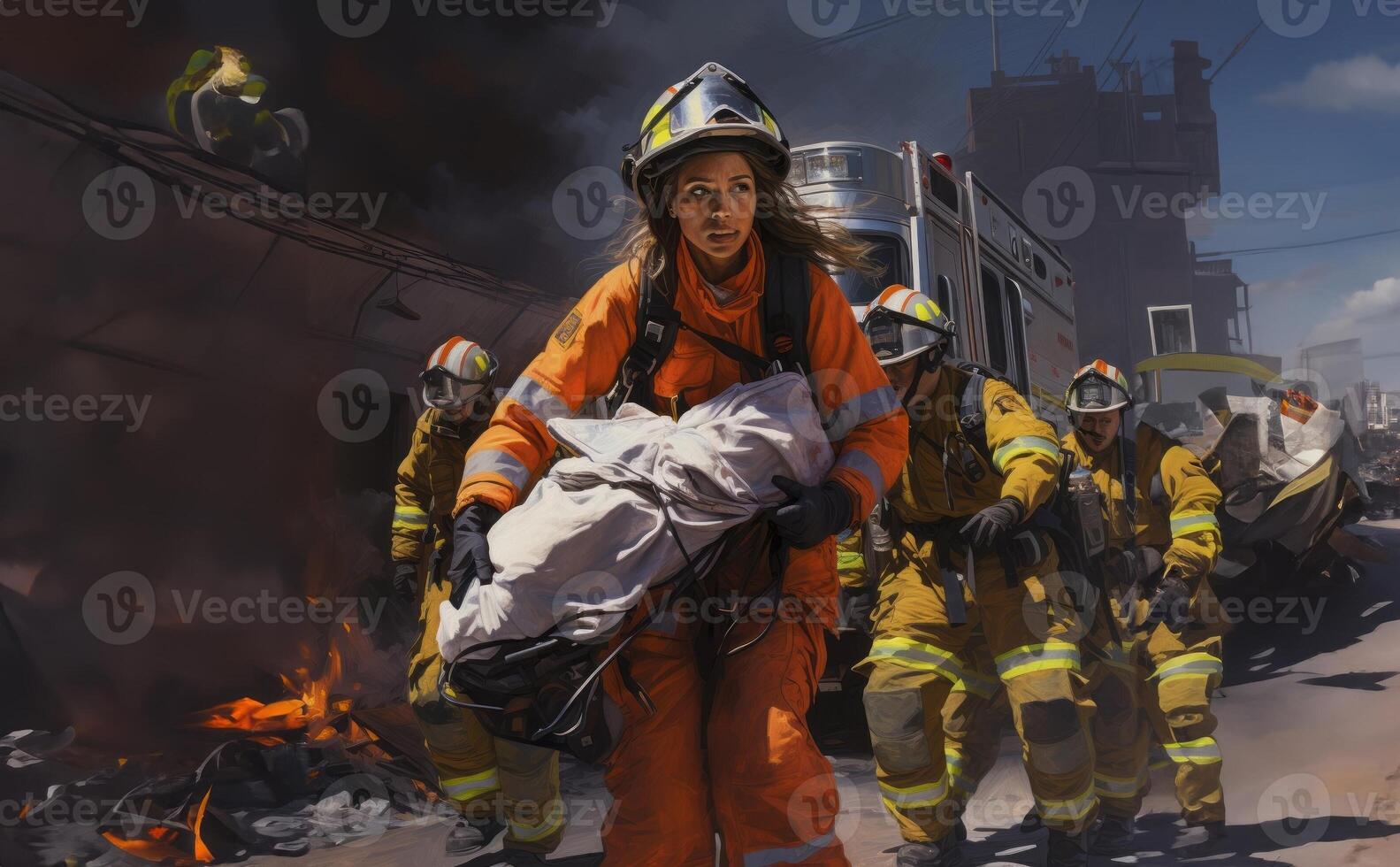 A woman firefighter leads a team of expert firefighters in handling dangerous fire situations, demonstrating leadership, courage, and effective coordination to ensure the safety and photo