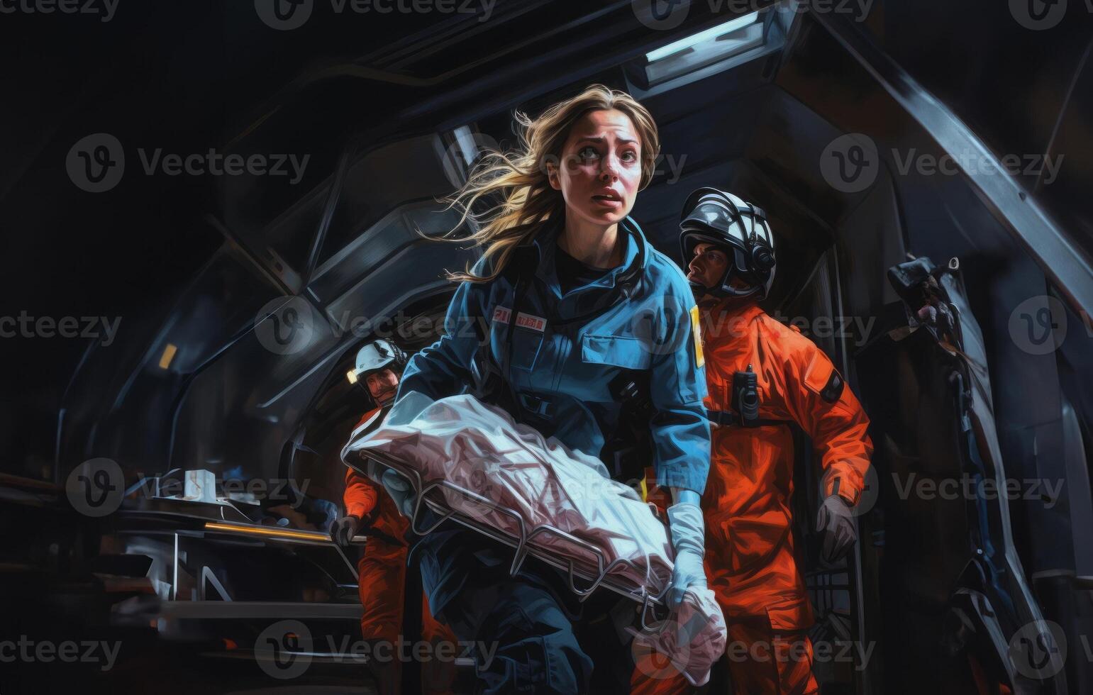 A woman firefighter leads a team of expert firefighters in handling dangerous fire situations, demonstrating leadership, courage, and effective coordination to ensure the safety and photo