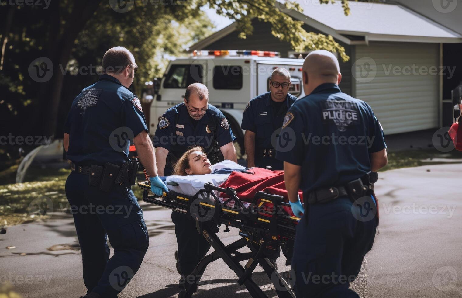 A police special team rescuing an injured woman from a dangerous situation, swiftly transporting her to the hospital, showcasing their professionalism, bravery, and commitment to saving photo