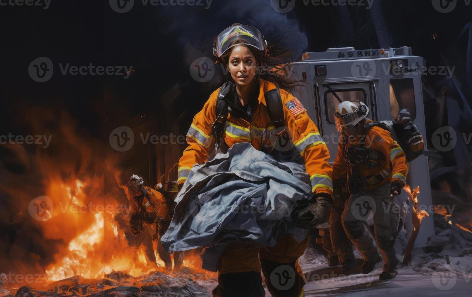A woman firefighter leads a team of expert firefighters in handling dangerous fire situations, demonstrating leadership, courage, and effective coordination to ensure the safety and photo