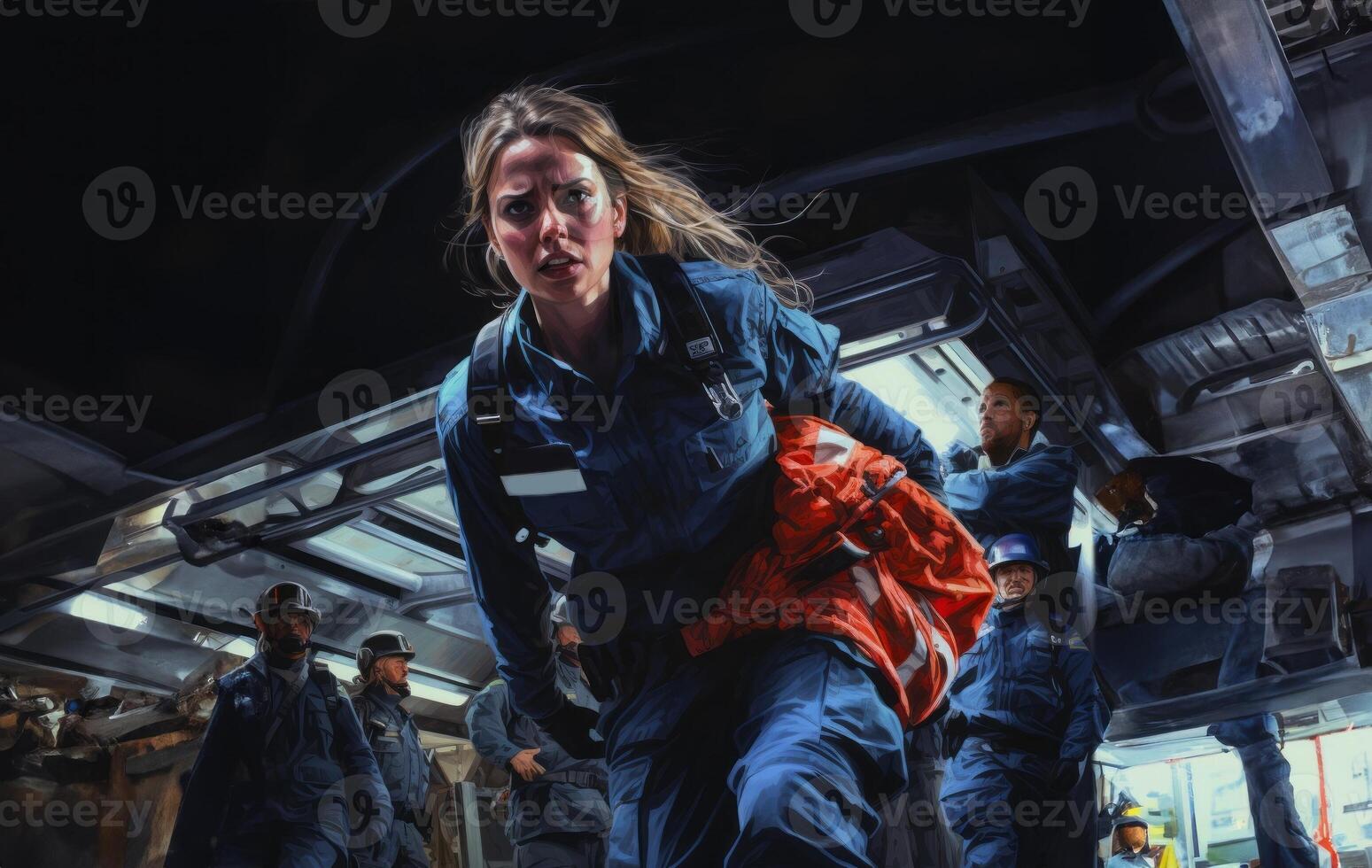 A woman firefighter leads a team of expert firefighters in handling dangerous fire situations, demonstrating leadership, courage, and effective coordination to ensure the safety and photo