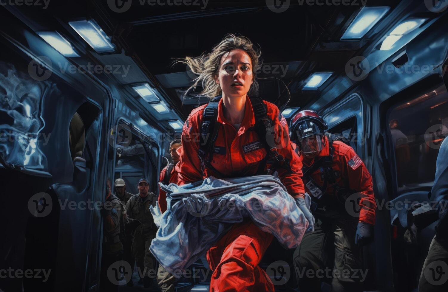 A woman firefighter leads a team of expert firefighters in handling dangerous fire situations, demonstrating leadership, courage, and effective coordination to ensure the safety and photo