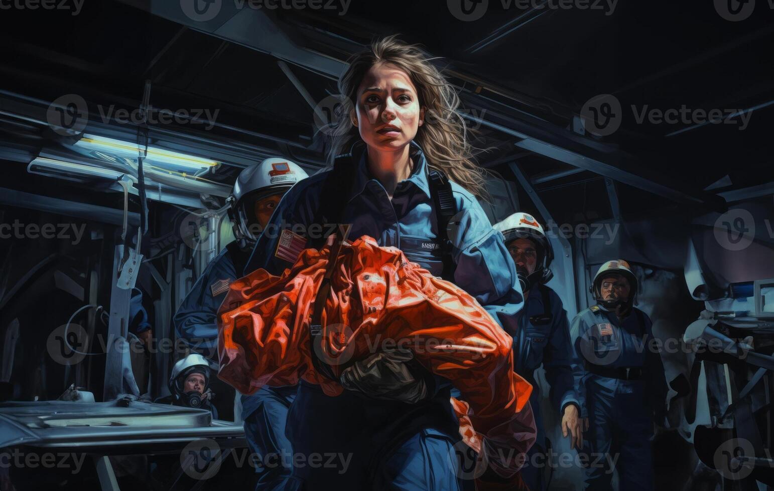 A woman firefighter leads a team of expert firefighters in handling dangerous fire situations, demonstrating leadership, courage, and effective coordination to ensure the safety and photo