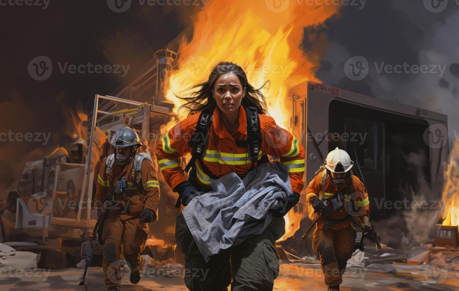 A woman firefighter leads a team of expert firefighters in handling dangerous fire situations, demonstrating leadership, courage, and effective coordination to ensure the safety and photo