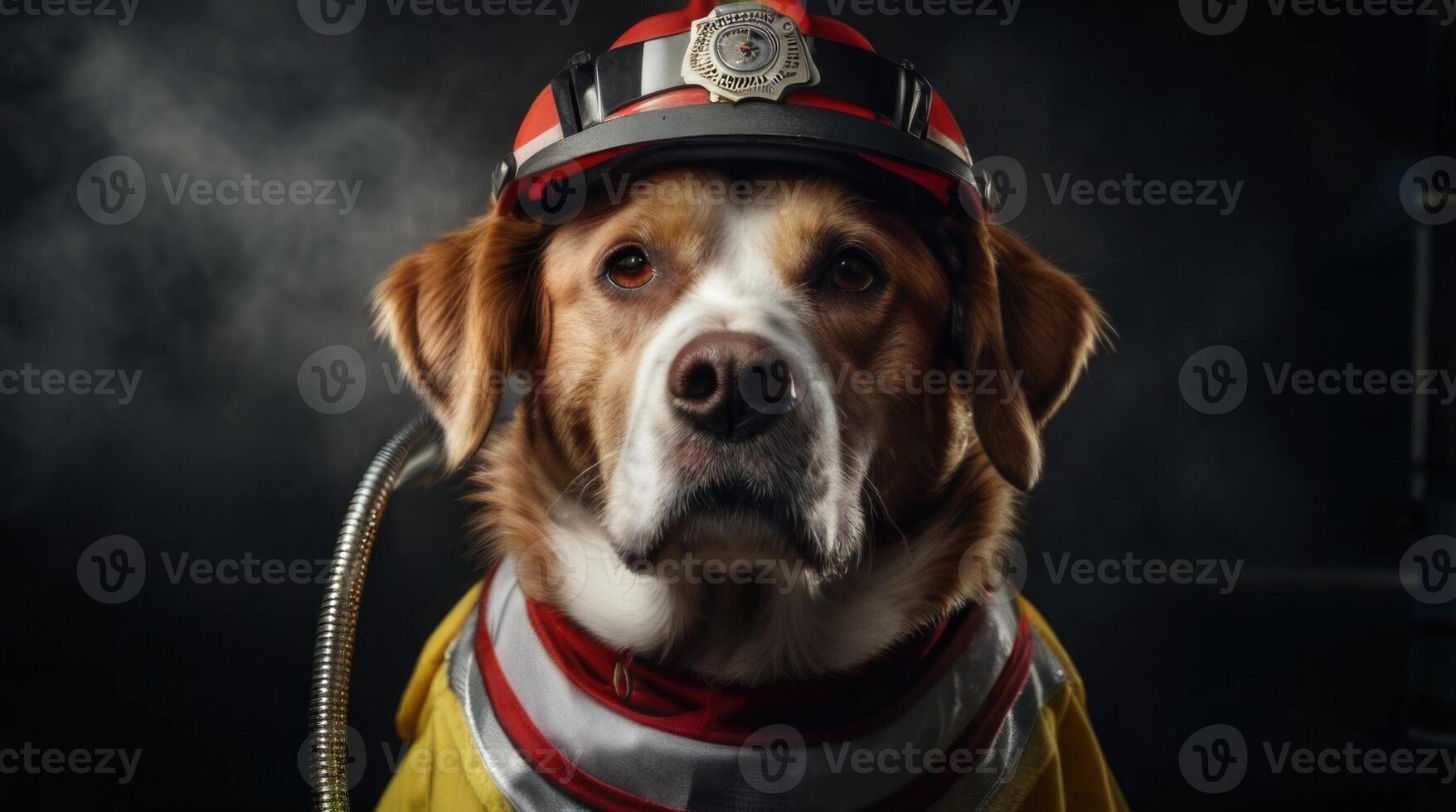 a dog wearing a fireman's hat photo