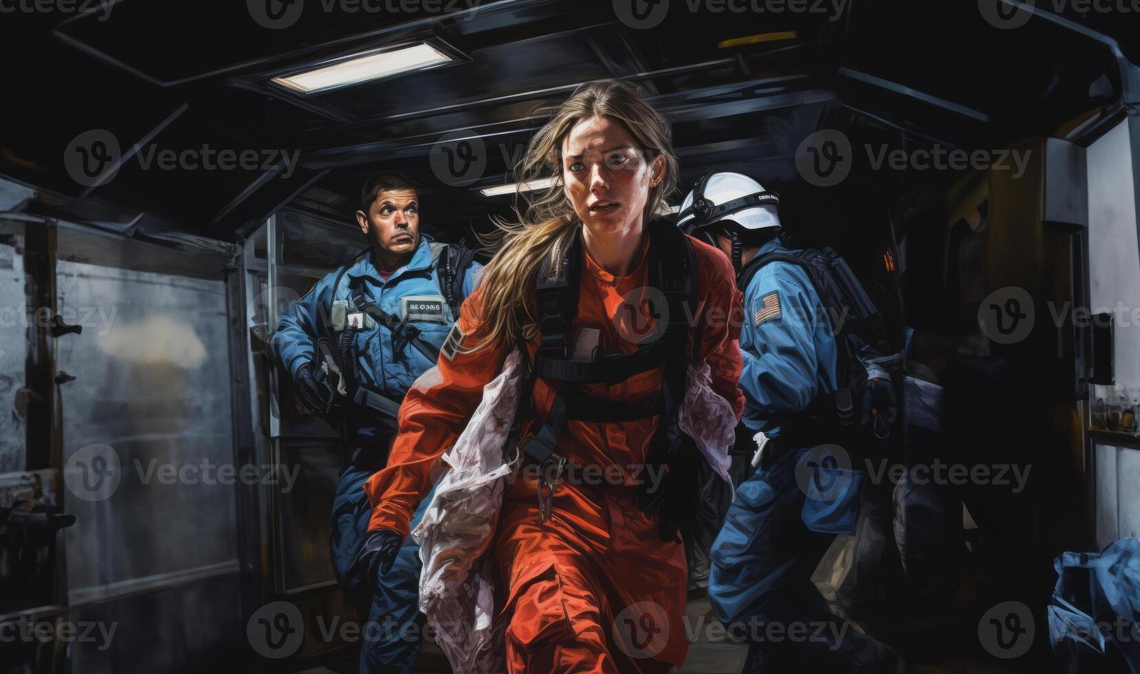 A woman firefighter leads a team of expert firefighters in handling dangerous fire situations, demonstrating leadership, courage, and effective coordination to ensure the safety and photo