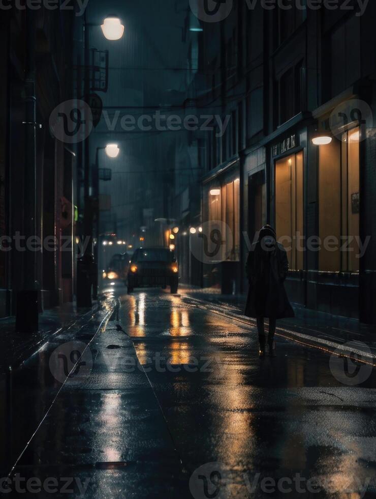a rainy street with a light on it photo