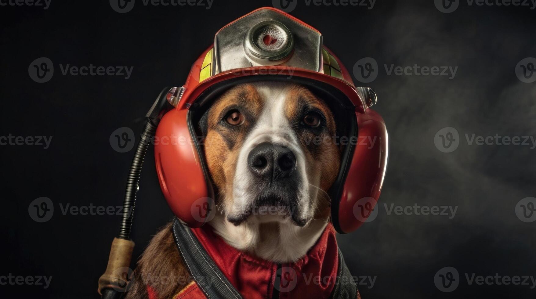 a dog wearing a fireman's hat photo
