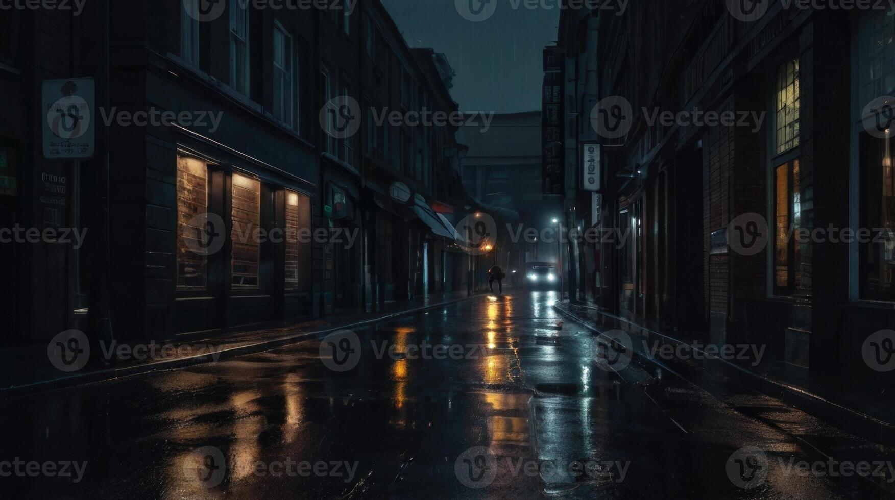 a rainy street with a light on it photo