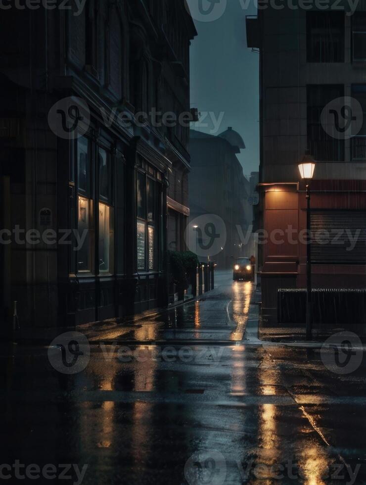 a rainy street with a light on it photo