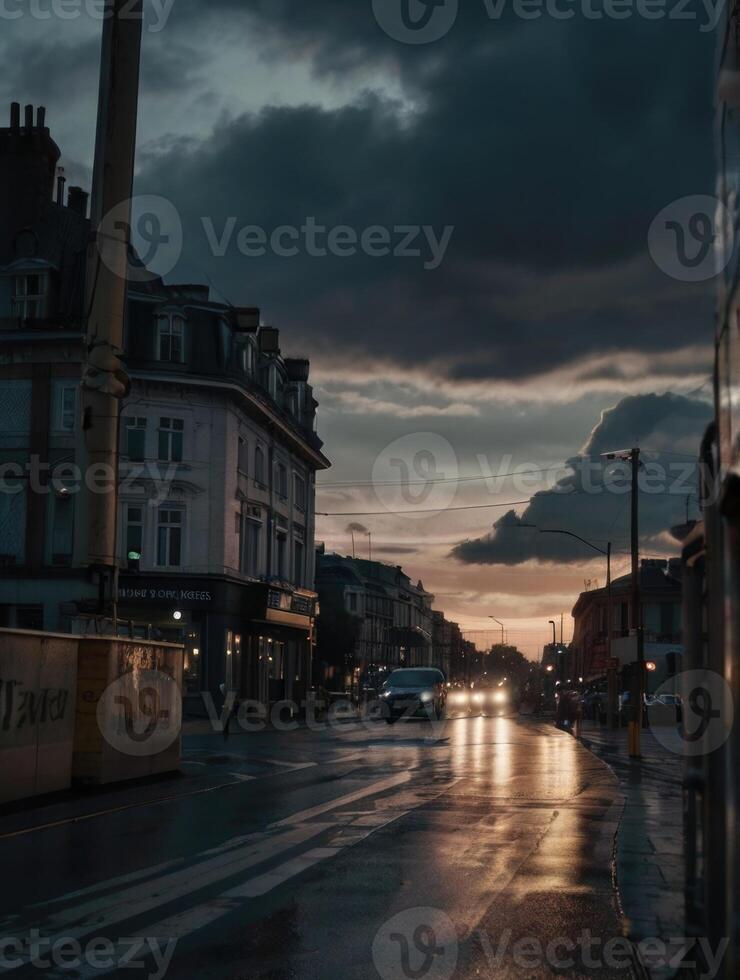 cars drive down a wet street at sunset photo