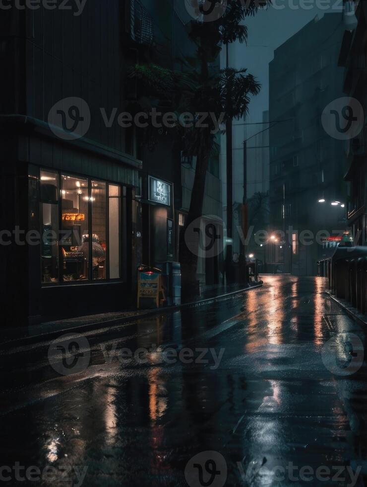 a rainy street with a light on it photo