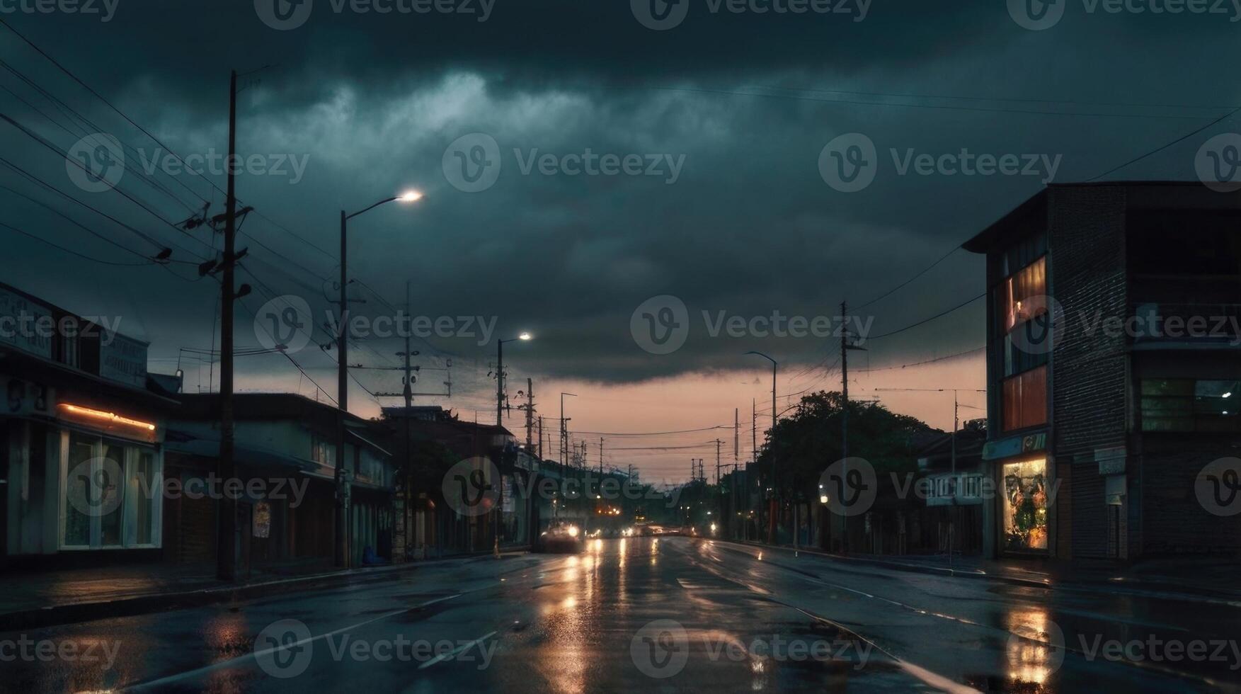 cars drive down a wet street at sunset photo