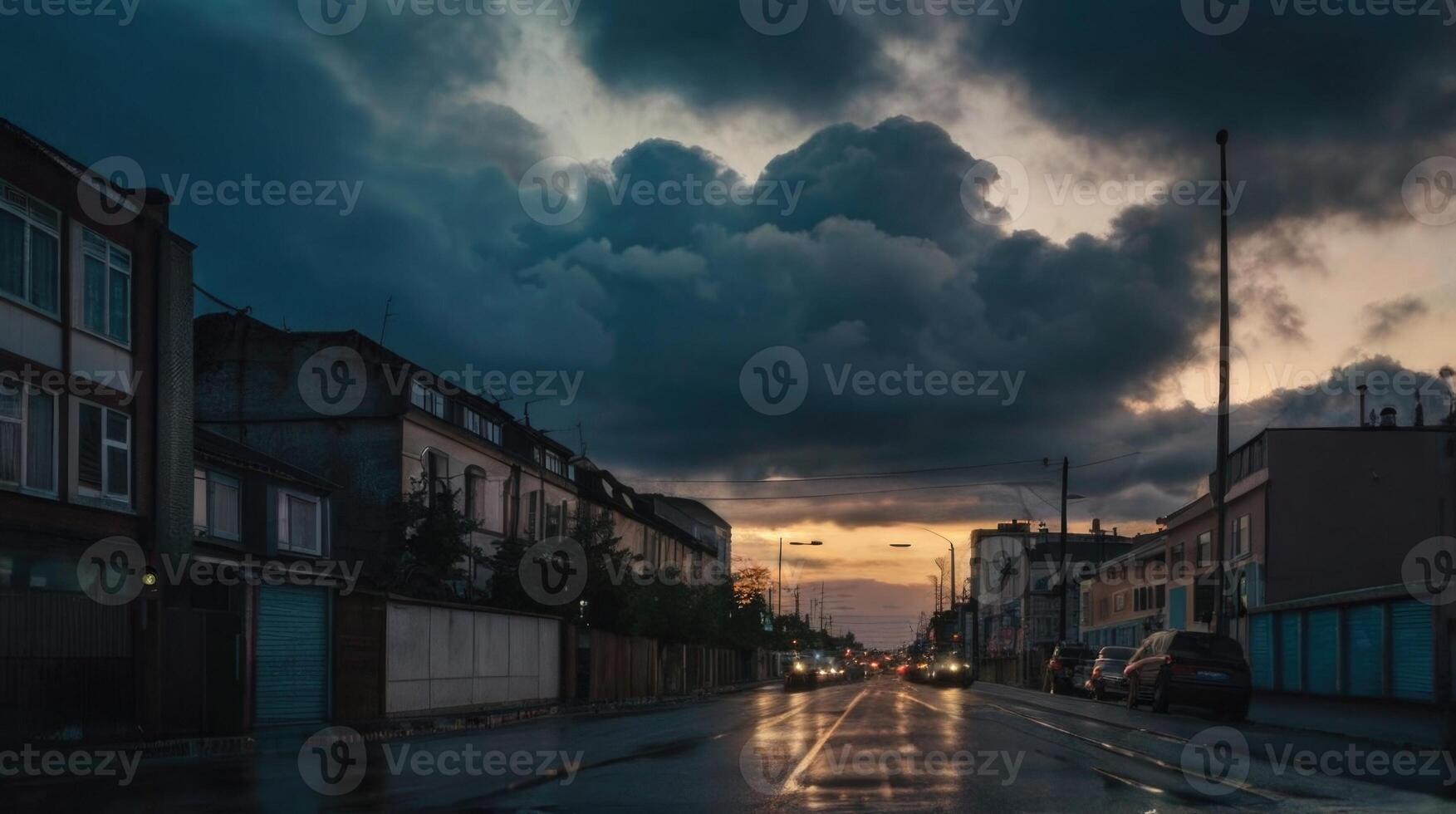 cars drive down a wet street at sunset photo