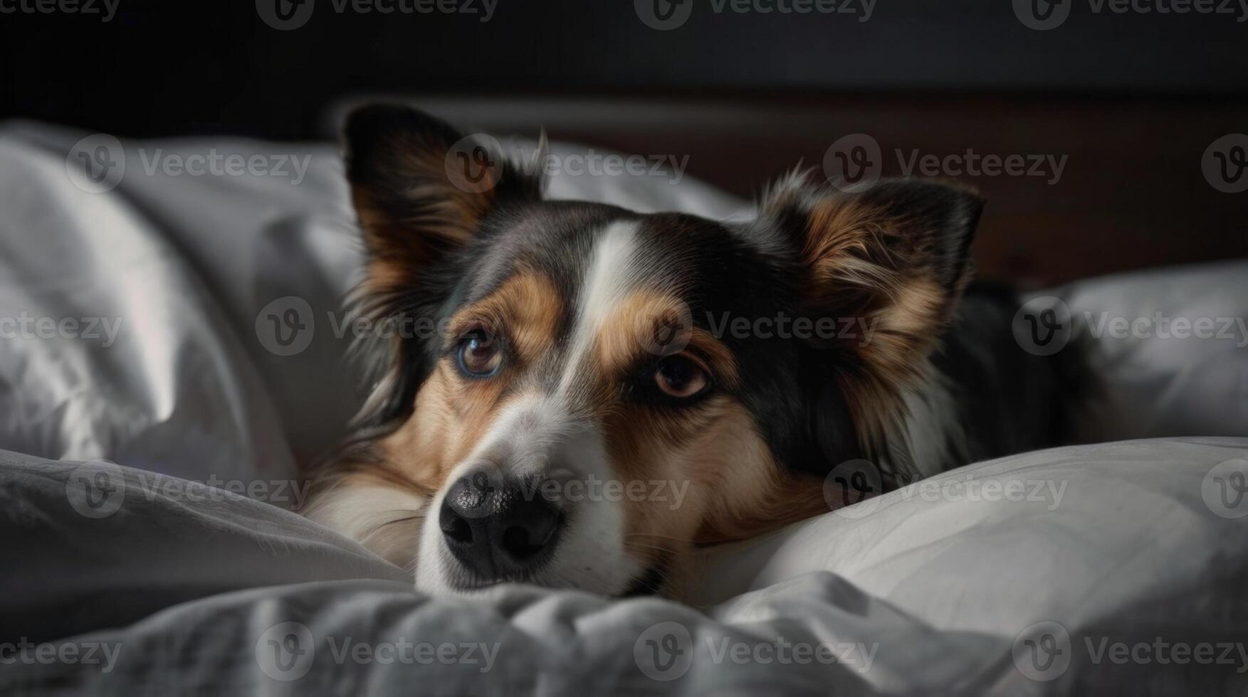 a dog laying on a bed with a blanket photo