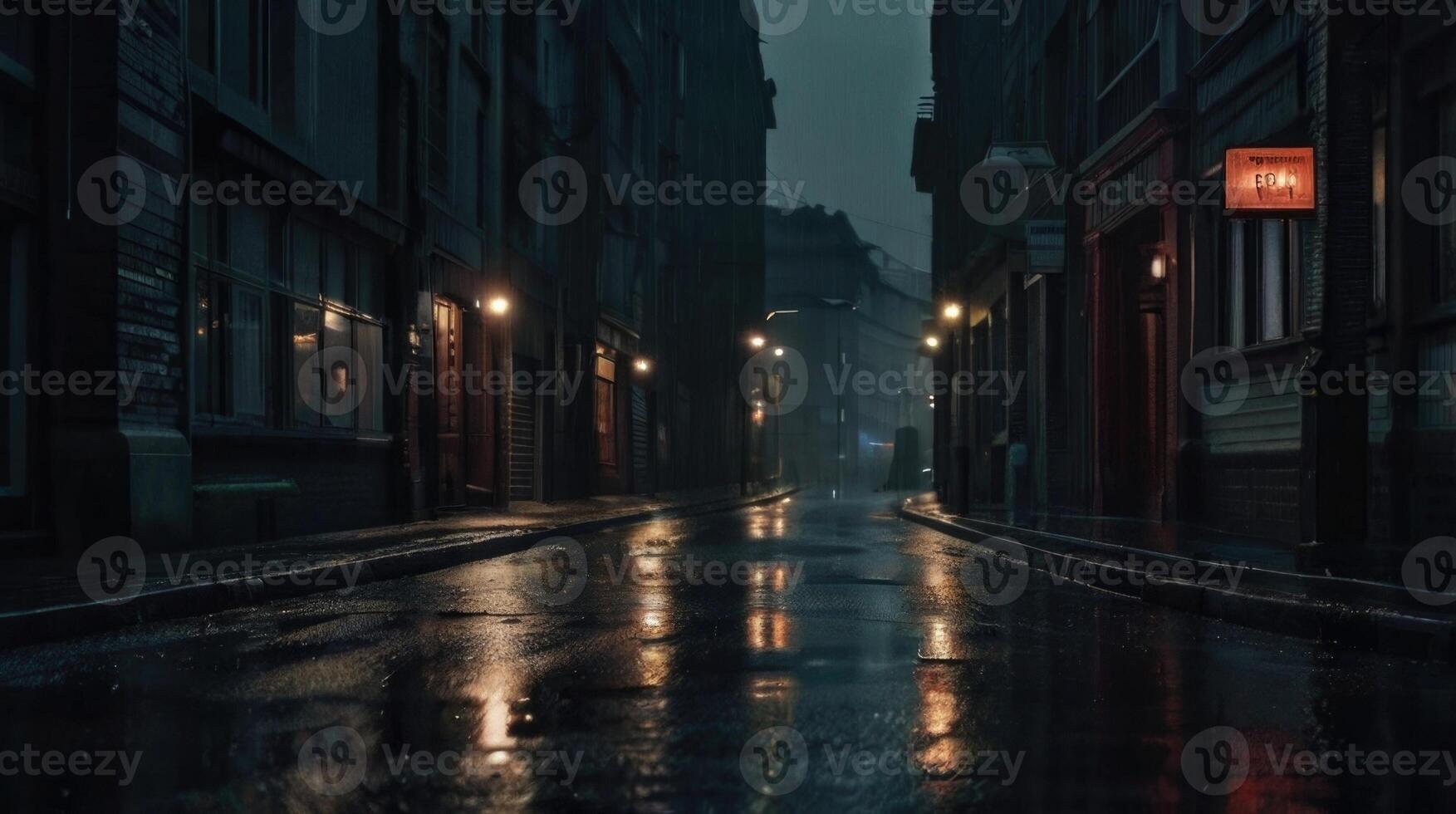 a rainy street with a light on it photo