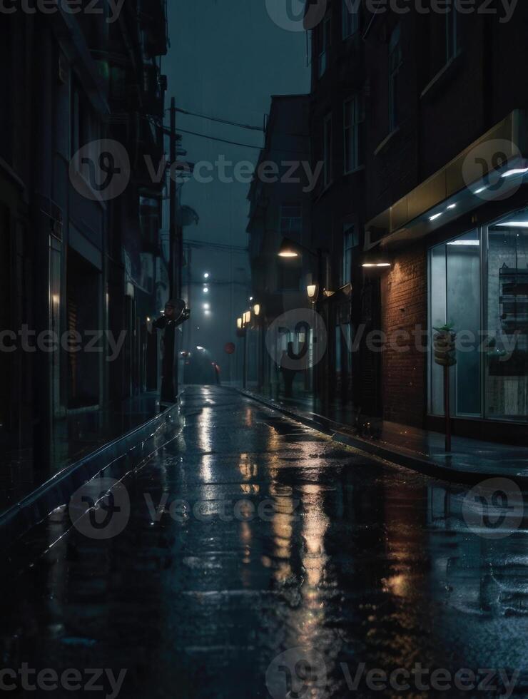 a rainy street with a light on it photo