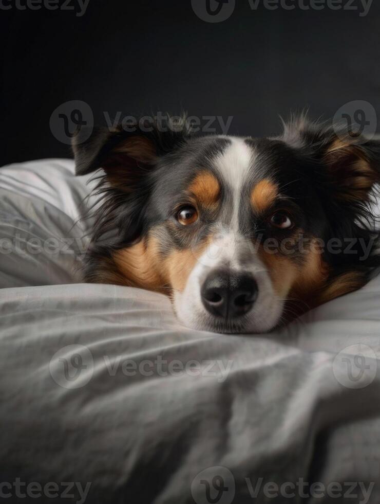 a dog laying on a bed with a blanket photo