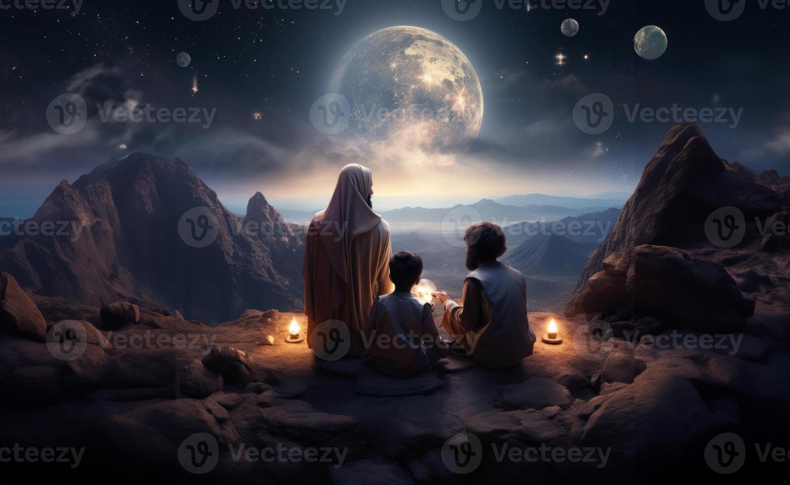 A Muslim family in the ancient mountains of the Sahara gathers to welcome the breaking of the fast at iftar during Ramadan, embodying traditions of unity, compassion, and gratitude in a photo