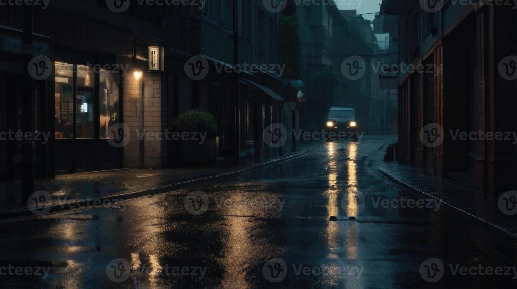 a rainy street with a light on it photo