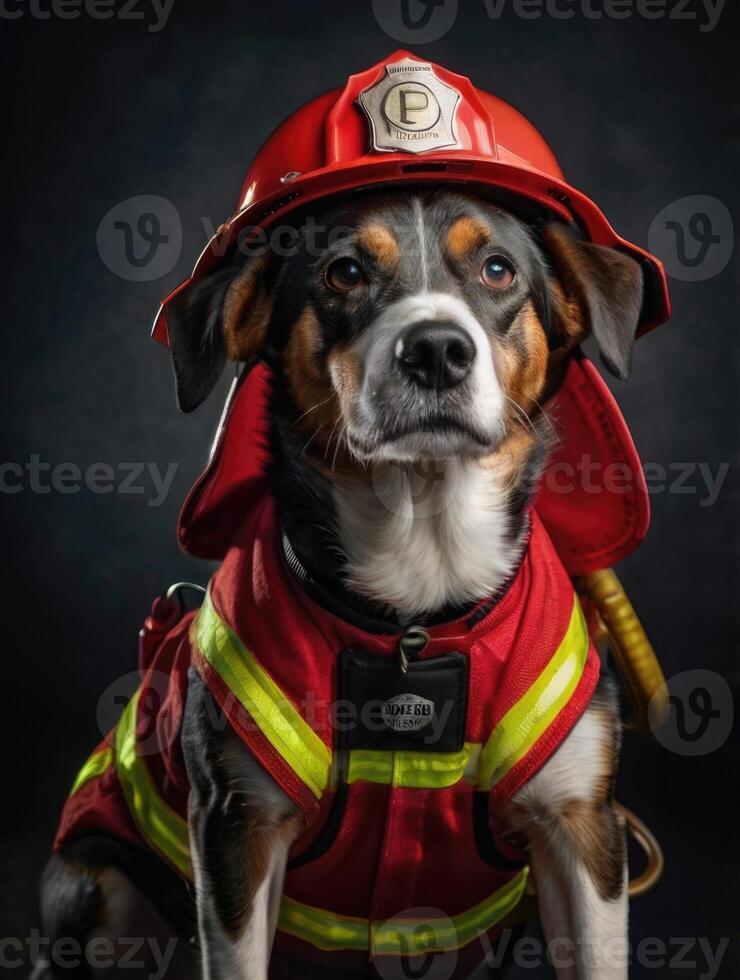 a dog wearing a fireman's hat photo