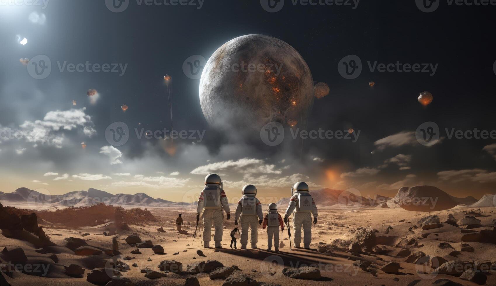 A futuristic, symbolic photograph depicts the beginnings of human civilization on Mars, showing a family walking on the surface of the red planet, evoking themes of exploration photo