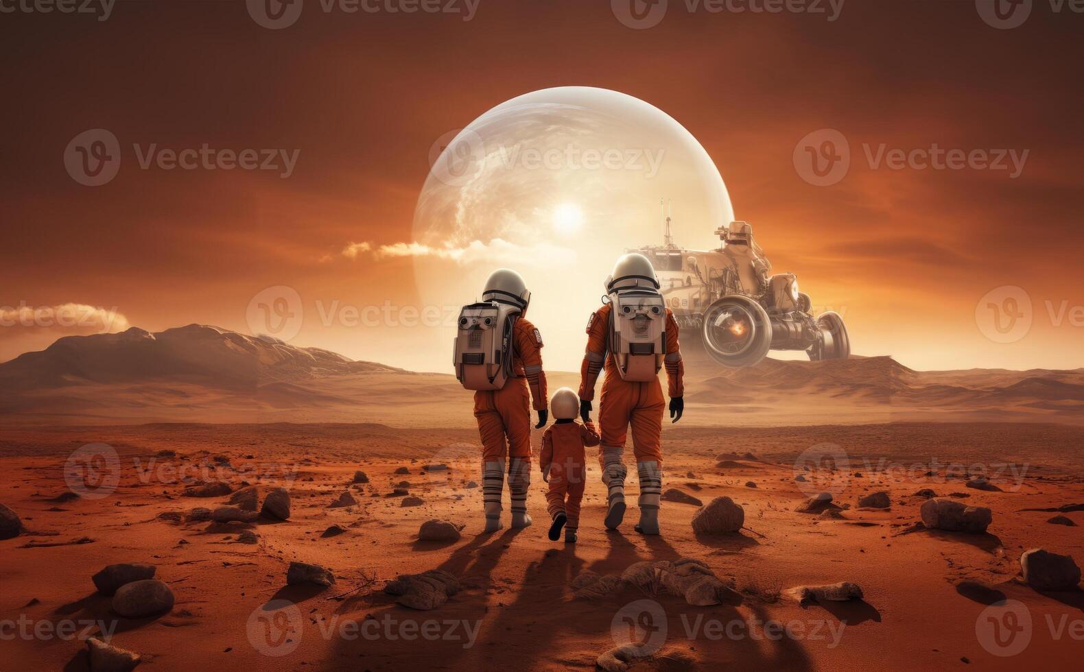 A futuristic, symbolic photograph depicts the beginnings of human civilization on Mars, showing a family walking on the surface of the red planet, evoking themes of exploration photo