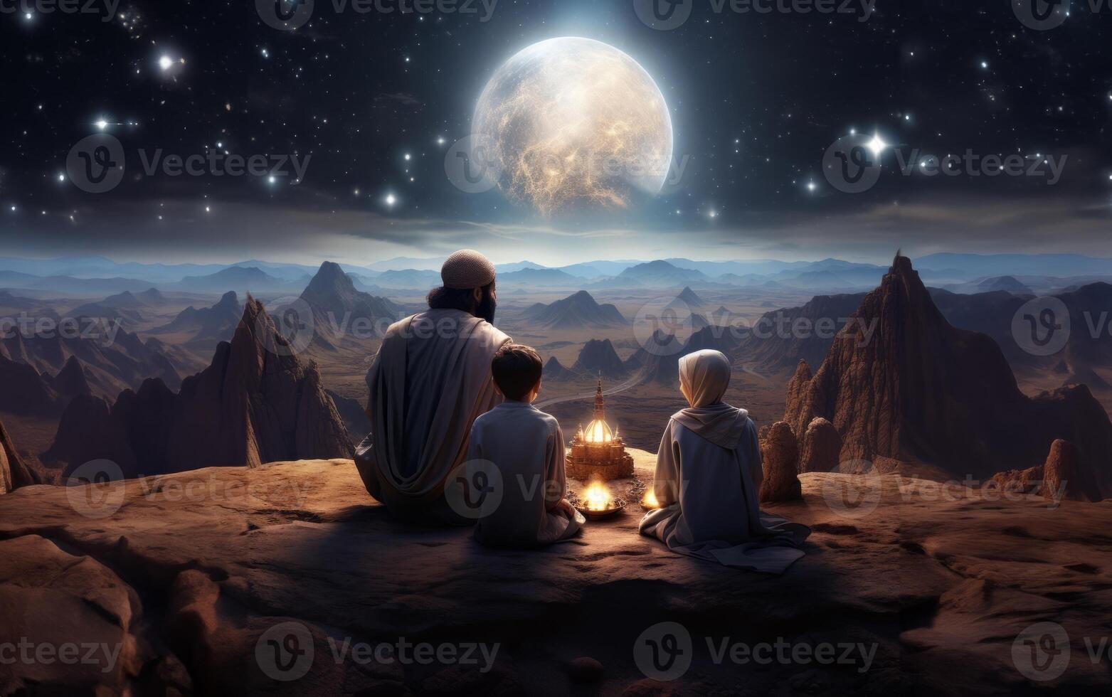 A Muslim family in the ancient mountains of the Sahara gathers to welcome the breaking of the fast at iftar during Ramadan, embodying traditions of unity, compassion, and gratitude in a photo