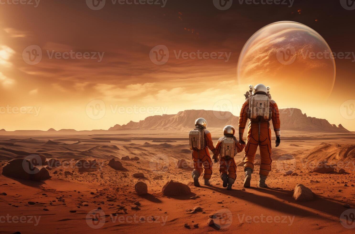 A futuristic, symbolic photograph depicts the beginnings of human civilization on Mars, showing a family walking on the surface of the red planet, evoking themes of exploration photo