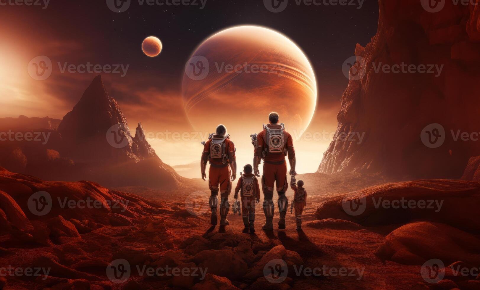 A futuristic, symbolic photograph depicts the beginnings of human civilization on Mars, showing a family walking on the surface of the red planet, evoking themes of exploration photo